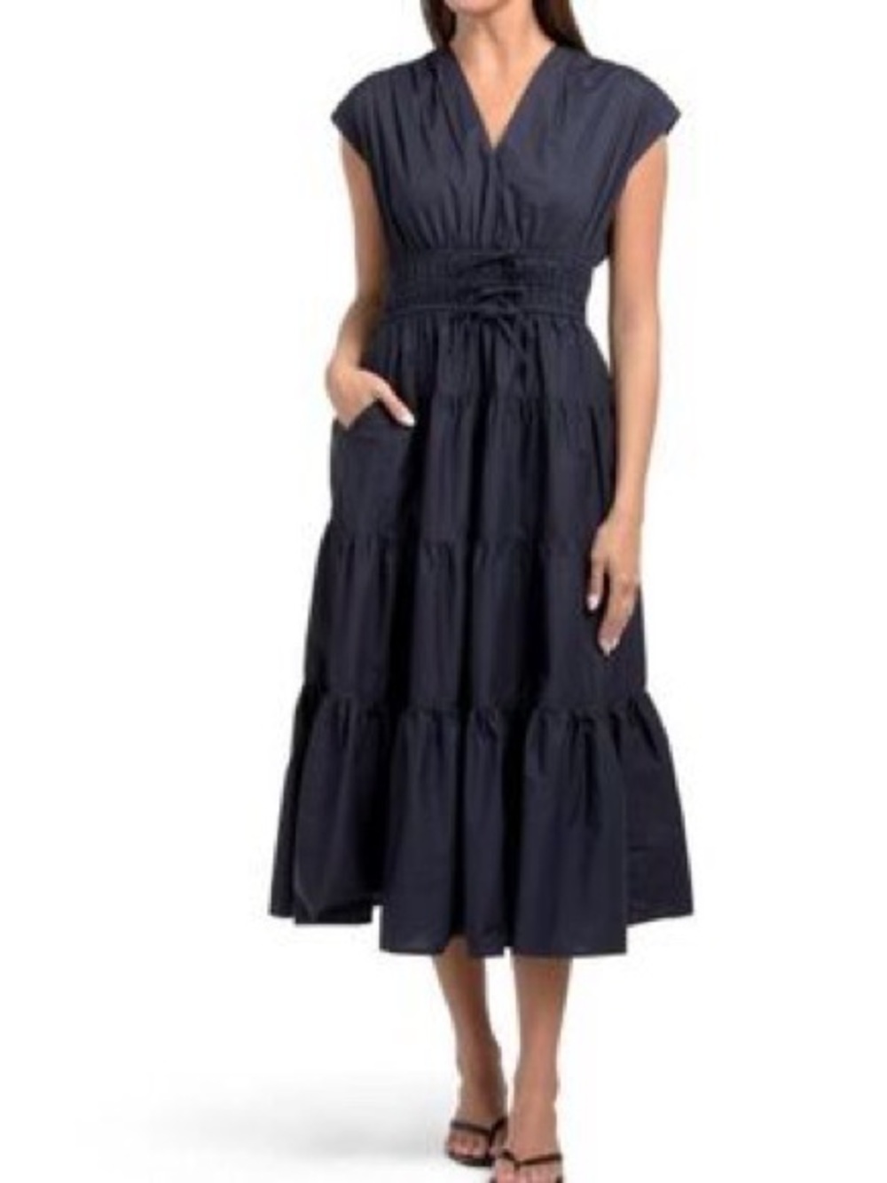 Nicole Miller Women's Navy Tiered V-Neck Poplin Midi Dress, S